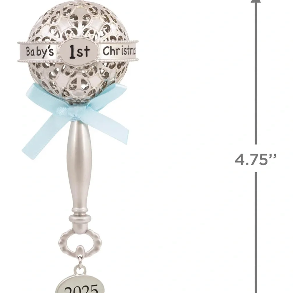 2025 Baby's First Christmas Ornament Hallmark Sliver Rattle Blue Bow Boy